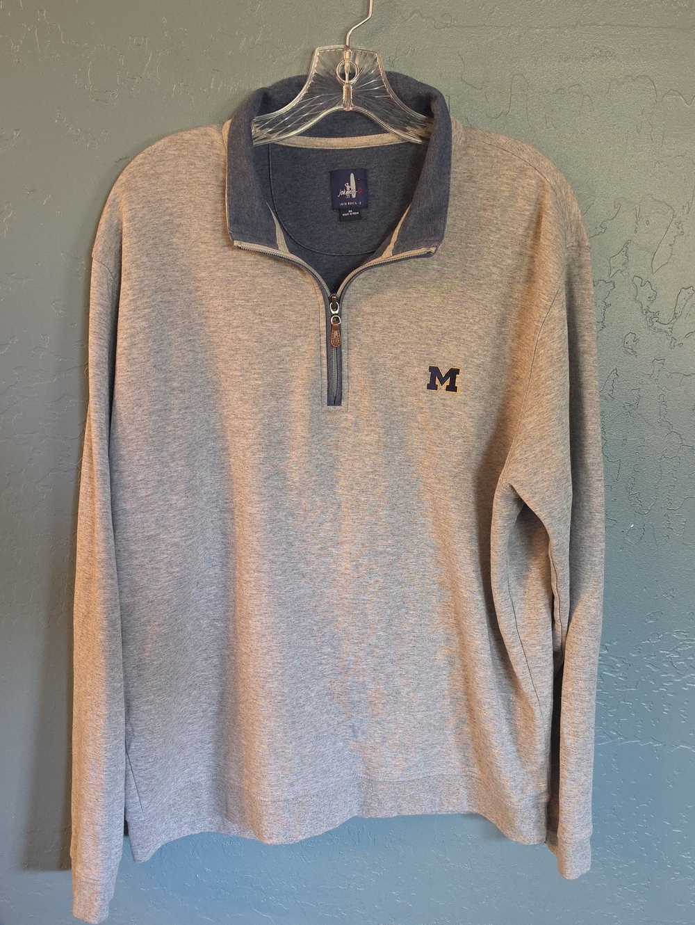 johnnie-O Mighigan Men’s Heather Gray Quarter-Zip Pullover with Navy Trim